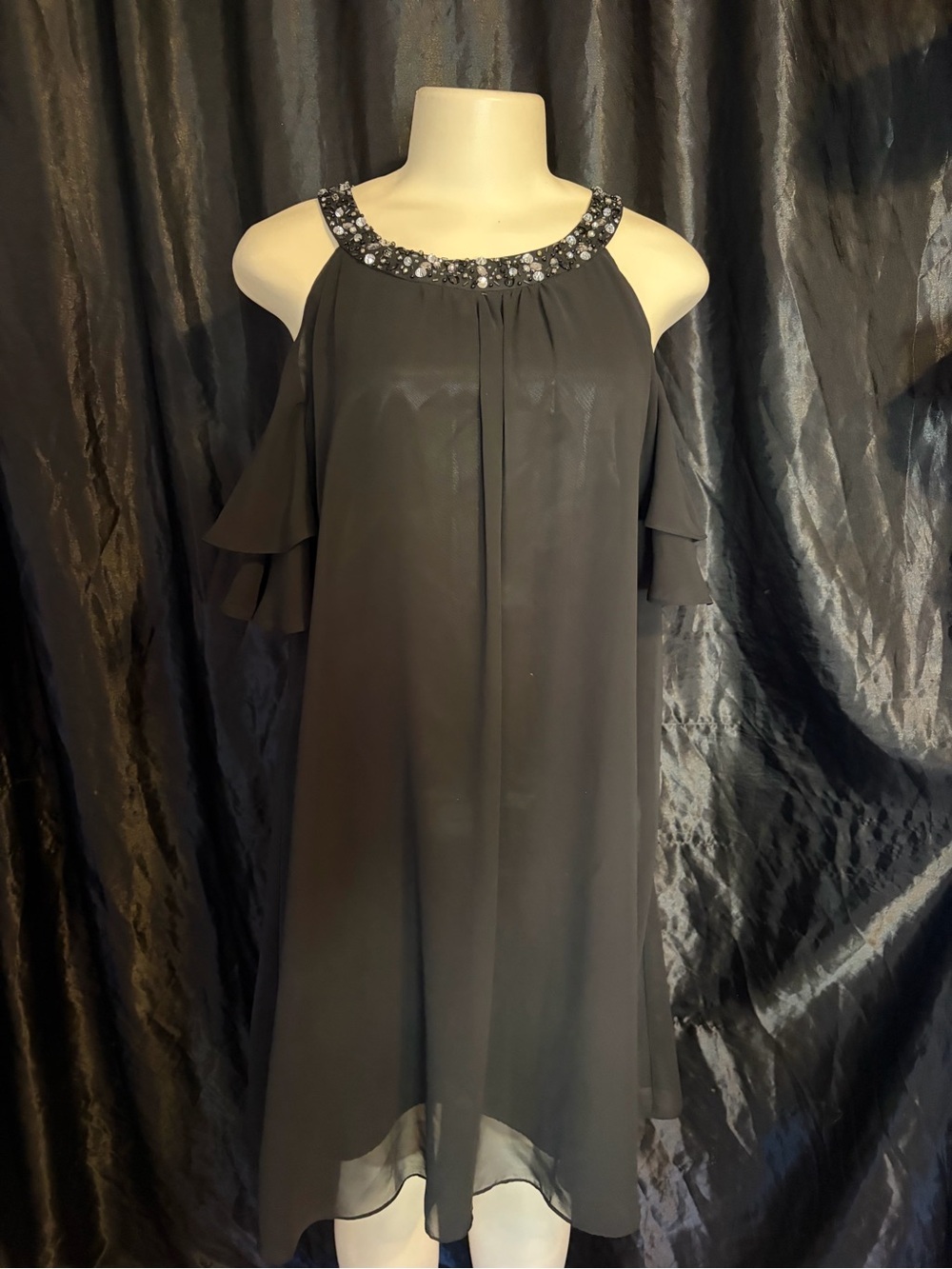 Jessica Howard Black Cold-Shoulder Midi Dress with Embellished Neckline